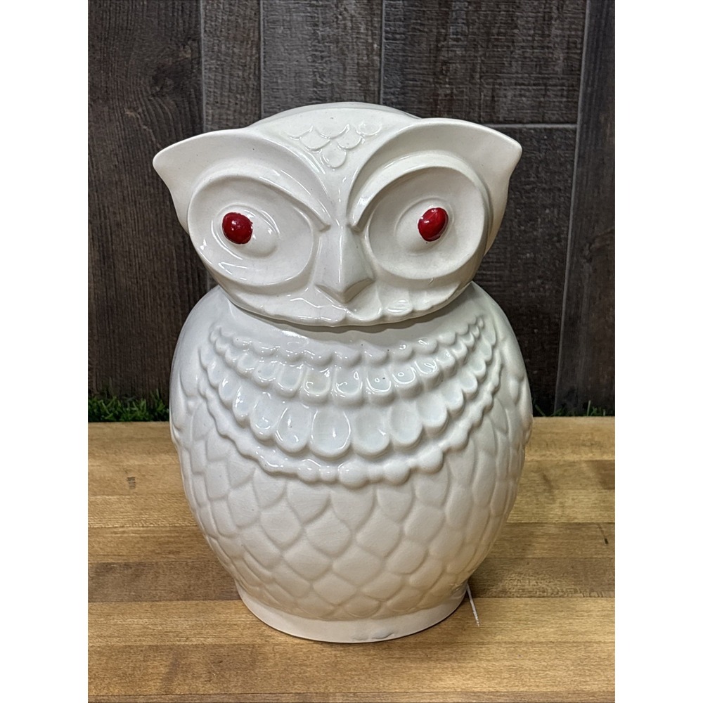 Vintage 1940s American Bisque Owl Cookie Jar Ivory Red Eyes Mid Century